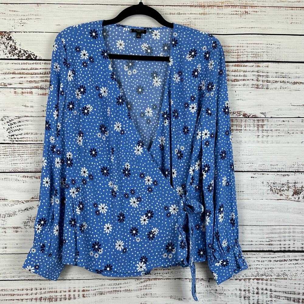 Women's Talbots NWOT Blue Black Floral Print Long Sleeve Wrap Blouse Career LP